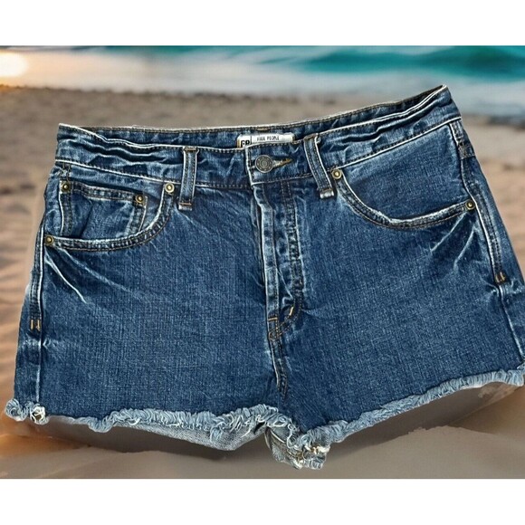 Free People Denim Cutoff Shorts 28 High Waist Blue Distressed Boho Vibe Festival - Picture 2 of 5
